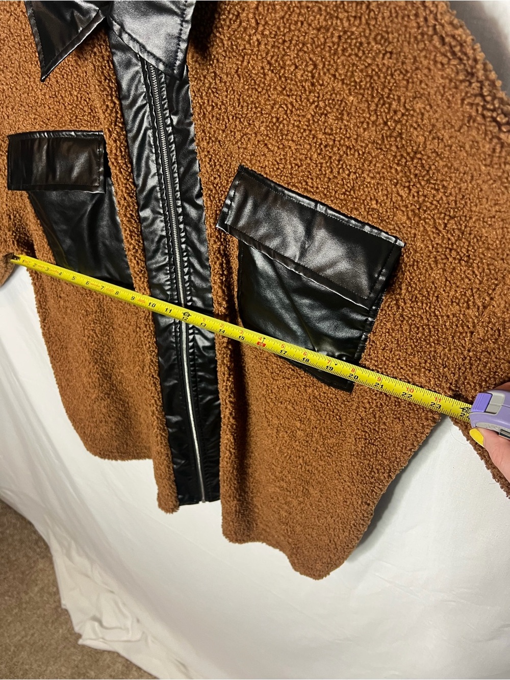 SHEIN Brown Teddy Jacket with Black vegan leather Trim